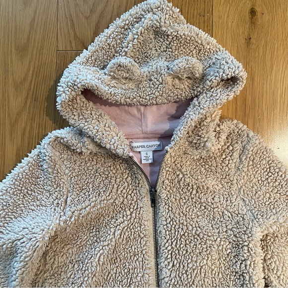 Nordstrom Harper Canyon Kids Bear Hoodie Sherpa Jacket tan w ears girls size 6 - Picture 3 of 4